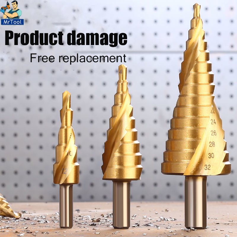 MrTool  HSS Step Drill Bit ดอกสว่านทรงเจดีย์ดอกสว่านทรงเจดีย์ 3 ดอกผิวสัมผัสชุบไทเทเนียมข้อกำหนด 4-32 mm ตั้งอุปกรณ์เสริมเครื่องมือช่างดอกสว่านแบบข