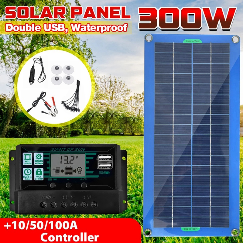300W Solar Panel 12V 5V Dual USB Controller Waterproof Monocrystalin ...