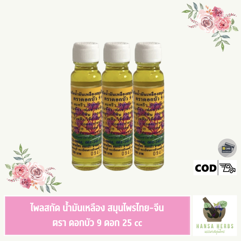 [3 ขวดถูกกว่า] [ส่งฟรี] ไพลสกัด น้ำมันเหลือง สมุนไพรไทย - จีน ตราดอกบัว 9 ดอก 24 cc 3 ขวด