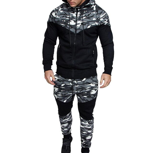 ZZOOI Camouflage Men Sets Causal Patchwork Tracksuit Mens 2 Pieces Sport Suits Homme Drawstring Jogger + Hoodies Jacket Outdoor