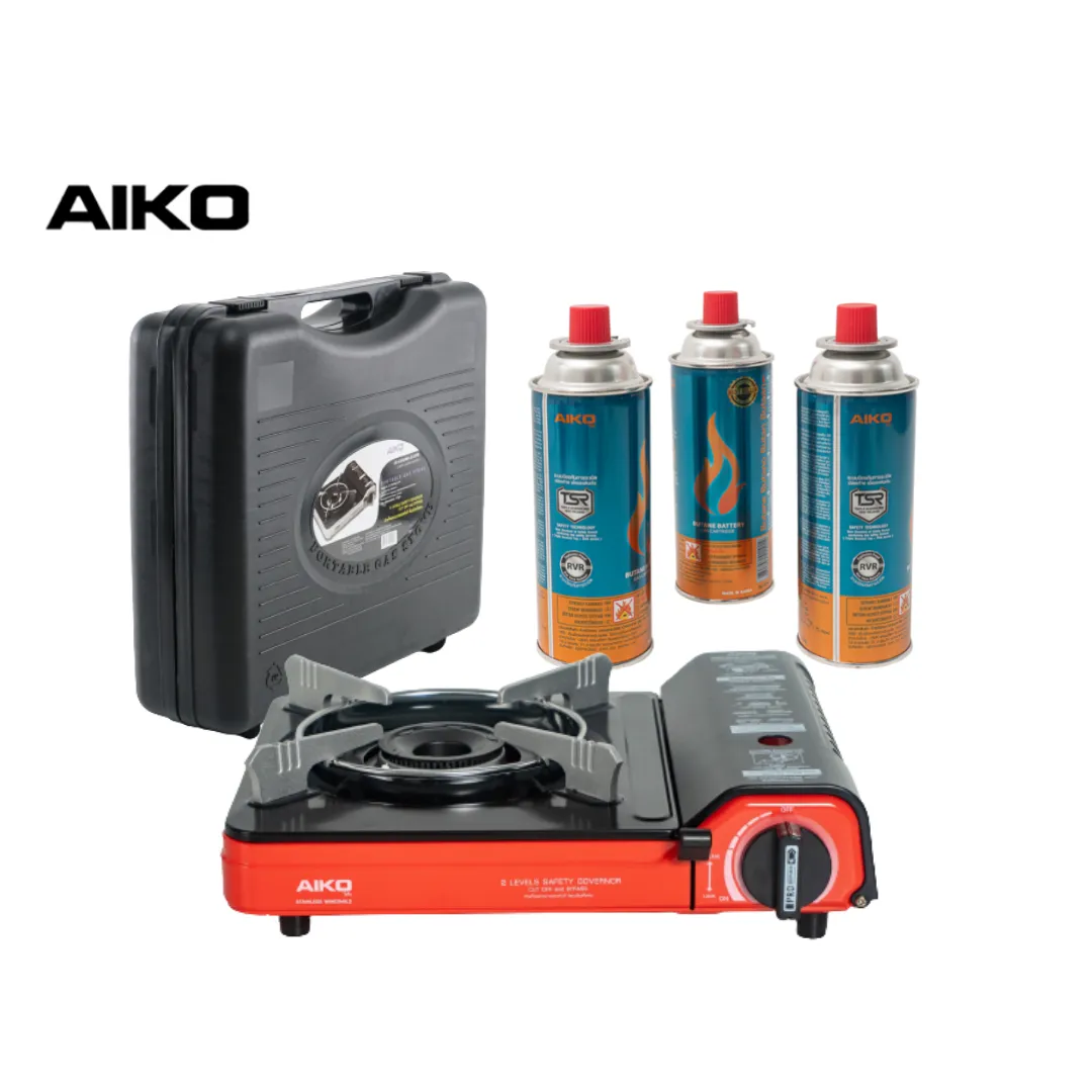 AIKO #AK-211PF-RB + แก๊สกระป๋องแพ็ค 3  สีดำแดง เตาแก๊สปิคนิค 2.4 กิโลวัตต์ + แก๊สแพ็ค 3  ***รับประกัน 1 ปี