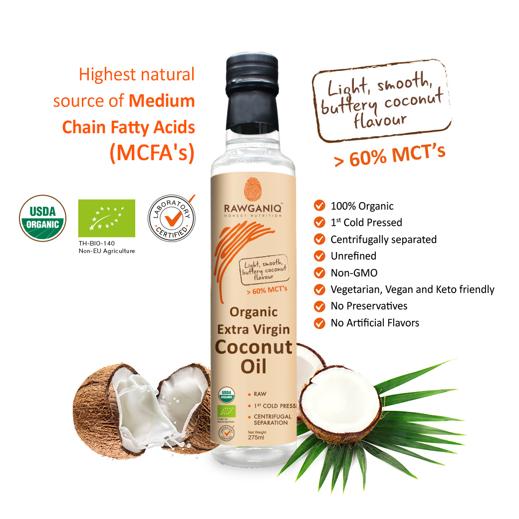 Rawganiq น้ำมันมะพร้าวบริสุทธิ์สกัดเย็นออร์แกนิค Organic Extra Virgin Coconut Oil, Cold Pressed, Unrefined (275ml)