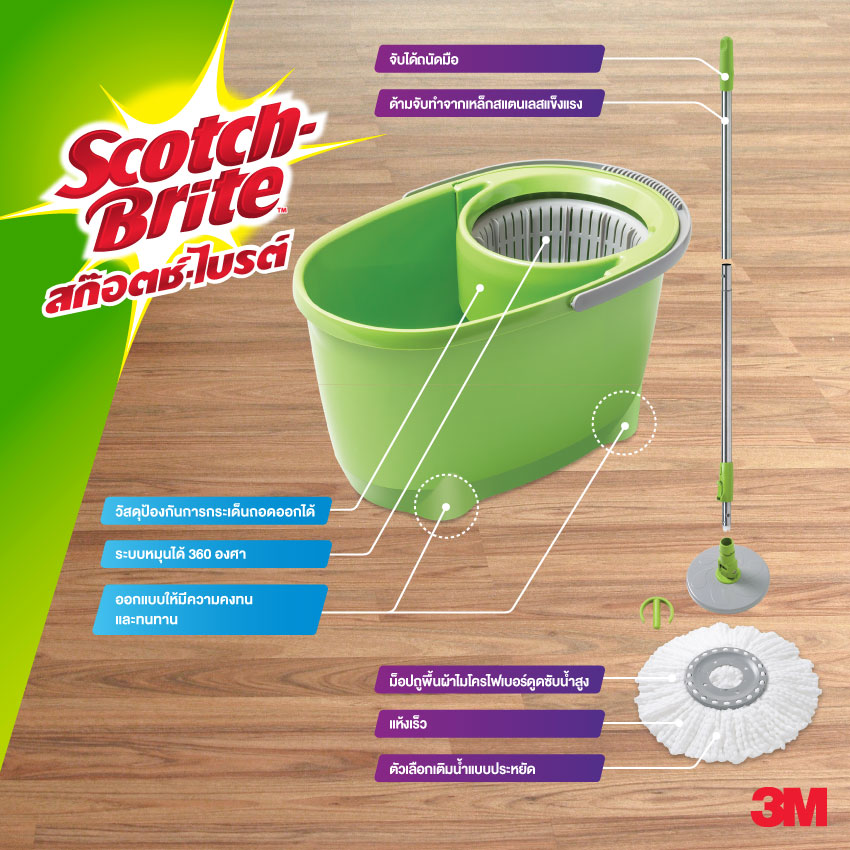 3M Scotch-Brite® Eco Spin Bucket with Microfiber Mop สก๊อตช์-ไบรต์® ชุดถังปั่น รุ่นอีโค่ พร้อมหัวม็อบ 2 ชิ้น