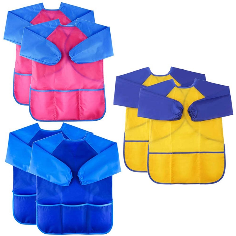 เสื้อเชิ้ตแบบศิลปะกันน้ำเด็ก Art ผ้ากันเปื้อนผ้ากันเปื้อน3กระเป๋าเหมาะสำหรับเด็ก3-8ปี M 6 Pcs