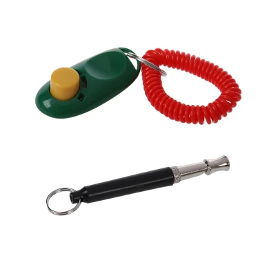 Pet Click Clicker Training Trainer Teaching Obedience Wrist Strap Green & 1pcs 90mm Pet Dog Puppy Training Whistle Pitch