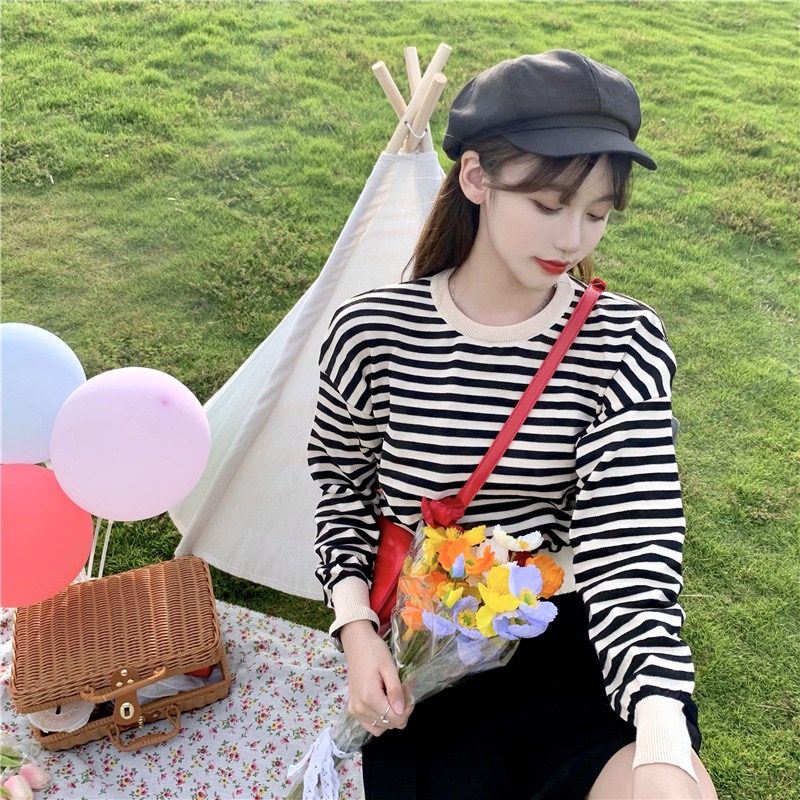 🍉 เสื้อไหมพรมแขนยาว ลายทาง น่ารักสไตล์ เกาหลี (9681) | Lazada.co.th