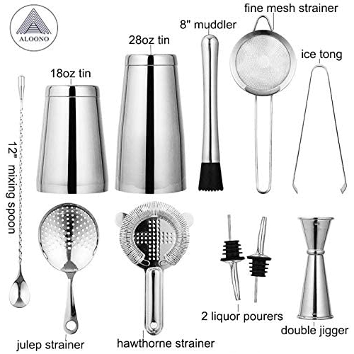 Aloono 14-Piece Rainbow Cocktail Shaker Bar Set with Stand: Weighted Boston Cocktail  Shakers, Strainers, Double Jigger, Muddler & Spoon, Ice Tong & 2 Liquor  Pourers- Essential Mixology Bartender Kit 