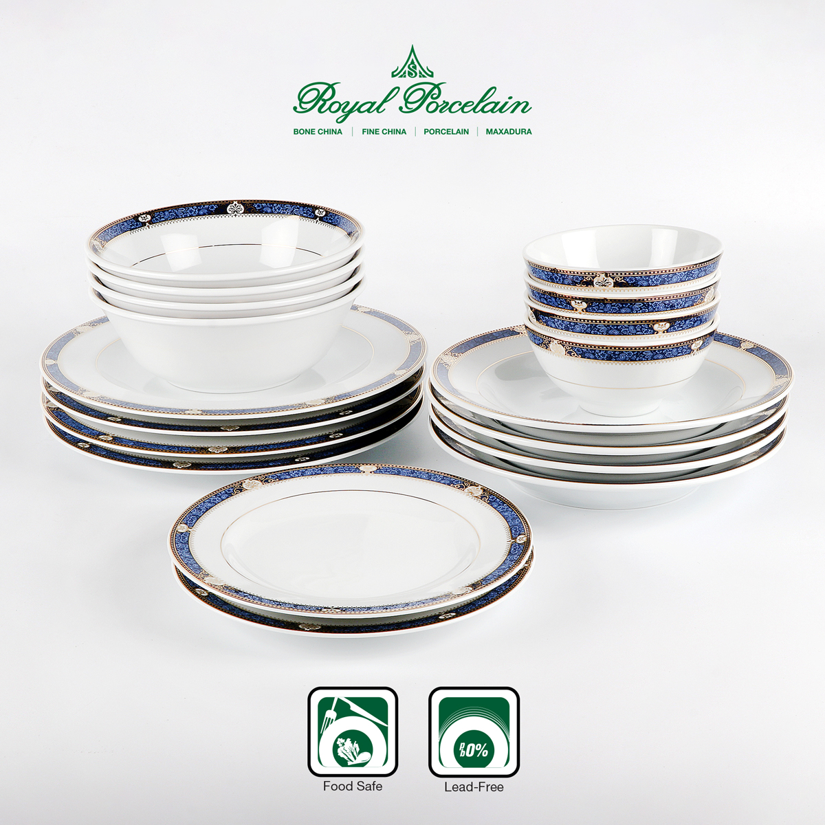 Royal Porcelain ชุดอาหาร 18 ชิ้น ลวดลาย PRECIOUS BLUE เนื้อพอร์ชเลน ชุดอาหารสำหรับ 4 ท่าน แบรนด์รอยัล ปอร์ซเลน เซรามิคเกรดพรีเมี่ยม