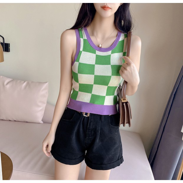 (2545)เสื้อครอปแขนกุดไหมพรมknit ทอลายตารางสลับสี สไตล์ฮิปสเตอร์สุดชิค ...
