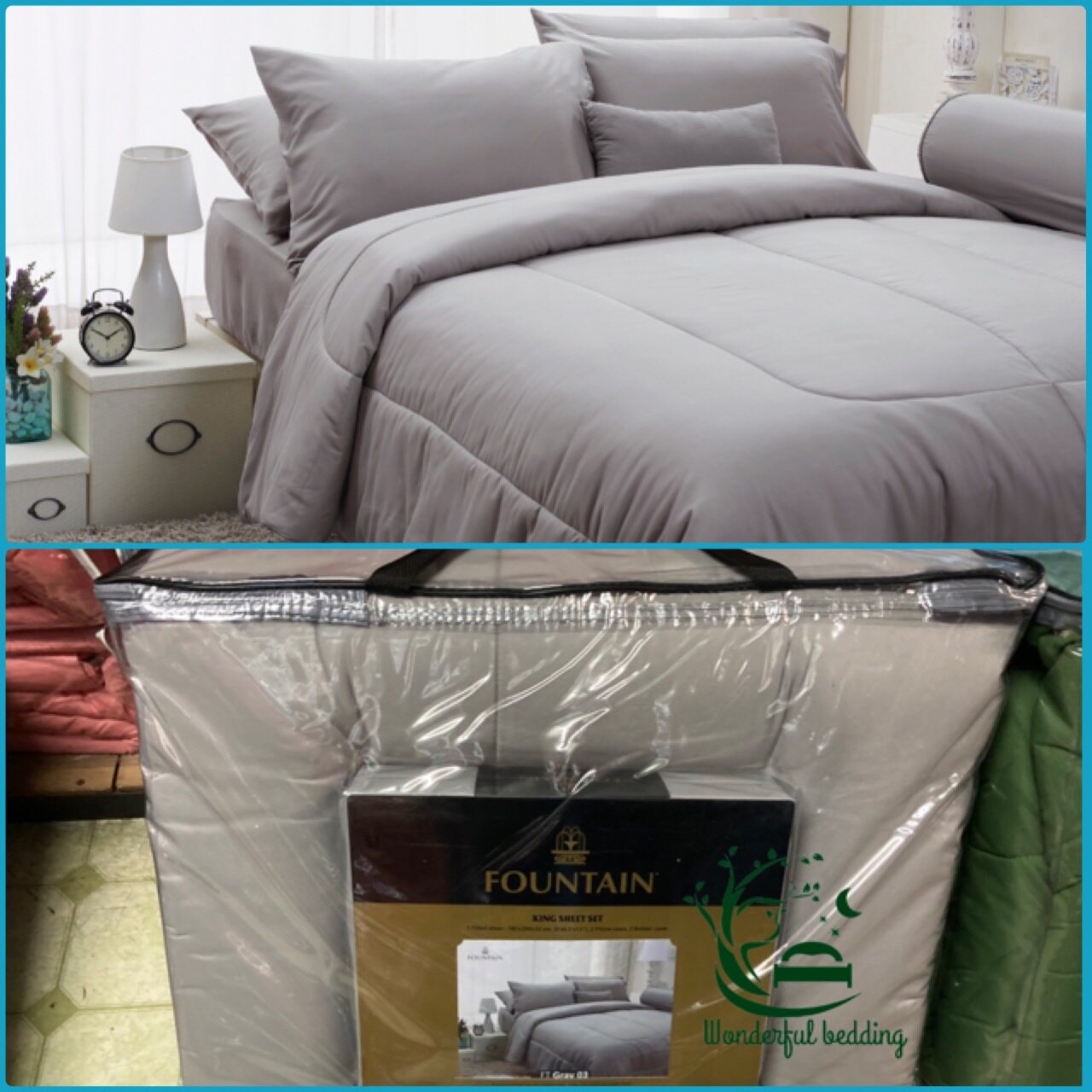 FOUNTAIN ผ้านวม + ชุดผ้าปู ผ้าปู ที่นอน แท้ 100% FTC สีพื้น เขียว Green Gray เทา ขนาด 3.5 5 6ฟุต ชุดเครื่องนอน ผ้านวม ผ้าปูที่นอน wonderful bedding  สี → Gray3ขนาดสินค้า 6 ฟุต