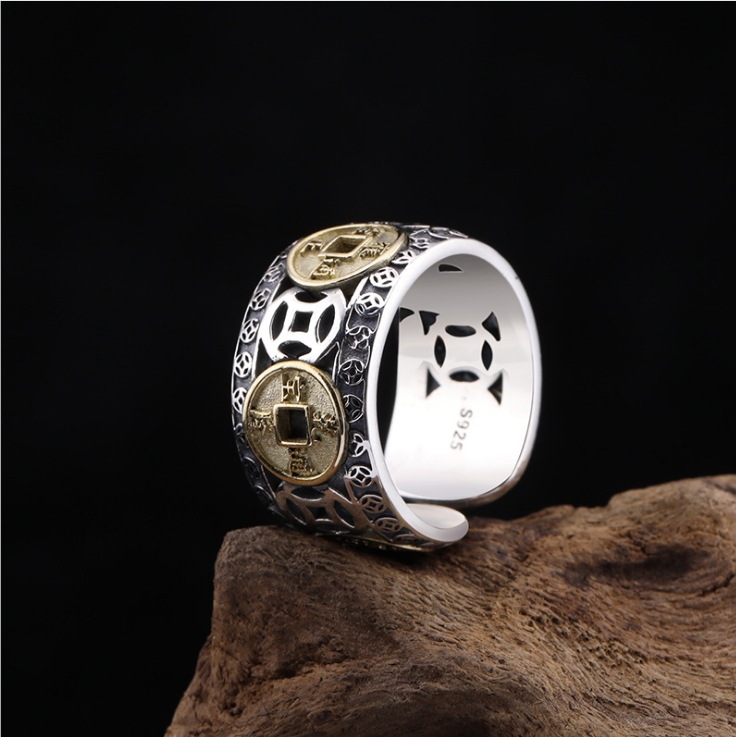 RY-Lucky ring transfer evil five emperor silver copper silver ring men and women adjustable ring silver ring feng shui fortune coin fortune coin auspicious ring