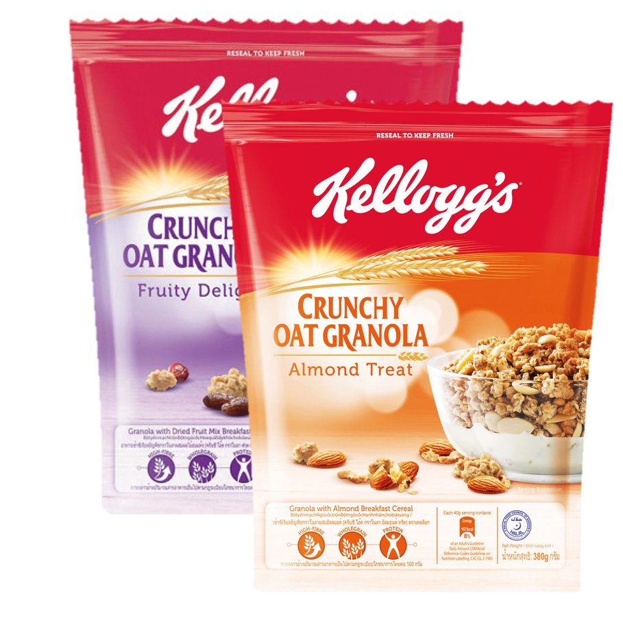 Kelloggs Crunchy Oat Granola (Fruity Delight+Almonds) เคลล็อกส์ ซีเรียล ธัญพืช กราโนล่า (ผลไม้อบแห้ง+อัลมอนด์) 380g. (2แพค)