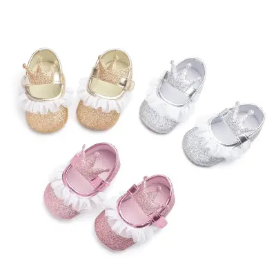 【beautywoo】 Brand New Newborn Infant Baby Girl Princess Lace Crown Shoes Sequined Cotton Soft Sole Crib Prewalker Shoes First Walkers