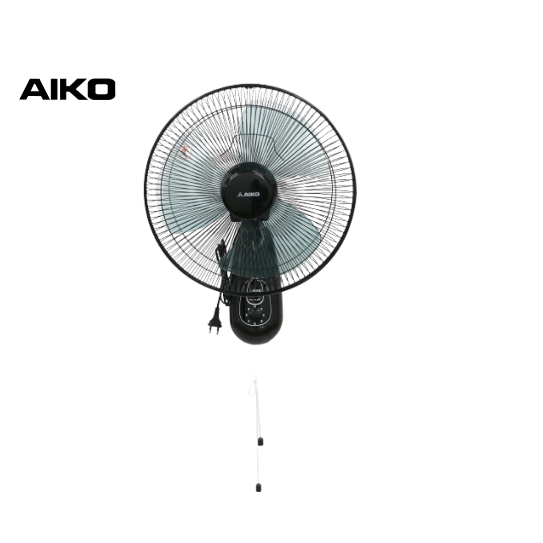 AIKO #SM-1635 สีดำ พัดลมติดผนัง ใบพัด 16 นิ้ว ส่ายได้ มีเชื่อกปรับ 2 เส้น ***รับประกันมอเตอร์ 2 ปี
