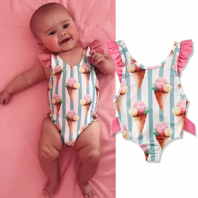 Mary's Cute Baby Swimwear Ice Cream Bathing Suit Toddler Baby Girls Striped Swimwear Bow Bikini Swimsuit