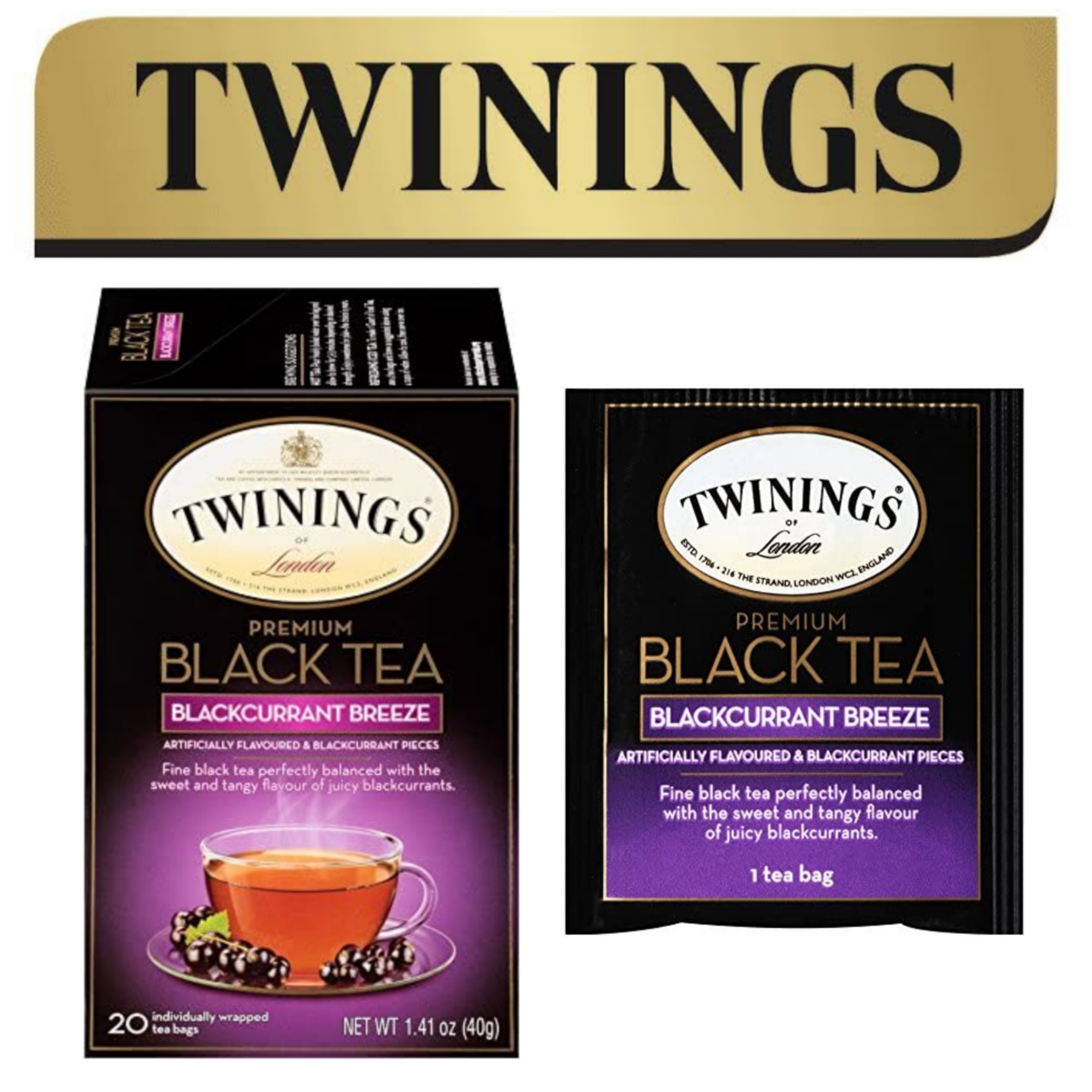 ⭐ Twinings ⭐Blackcurrant Breeze ? ชาทไวนิงส์ ชาดำพรีเมี่ยม แบบกล่อง 20 ซอง ชาอังกฤษนำเข้าจากต่างประเทศ