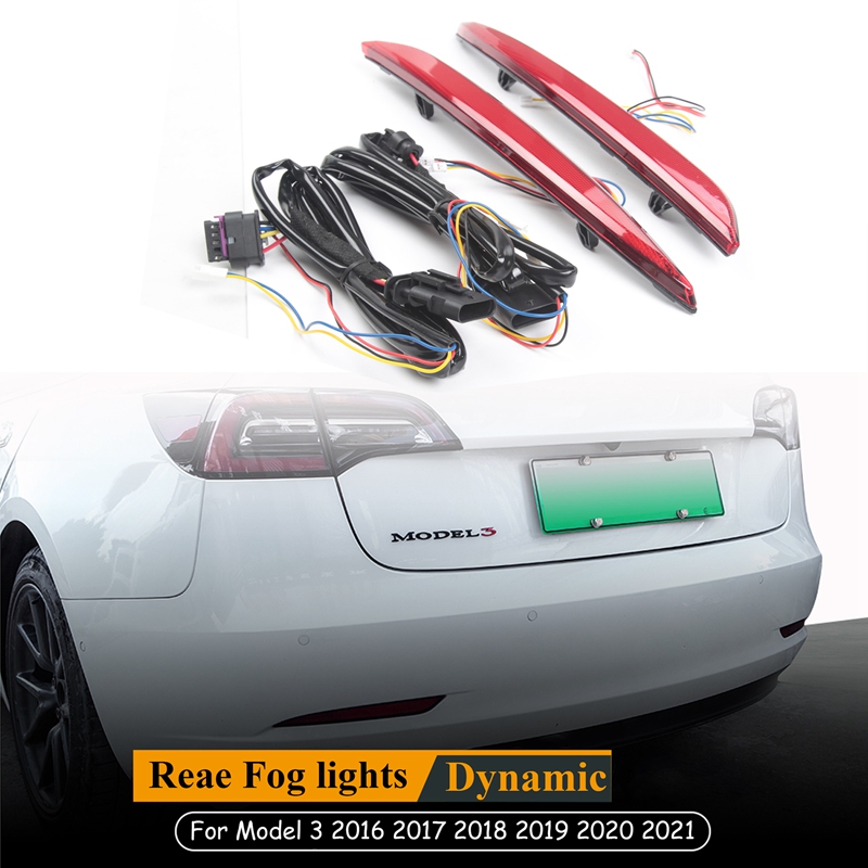 สำหรับ Tesla รุ่น3ด้านหลังกันชน Reflector LED แบบไดนามิกเปิดไฟสัญญาณด้านหลังไฟตัดหมอกรถยนต์อุปกรณ์เสริม