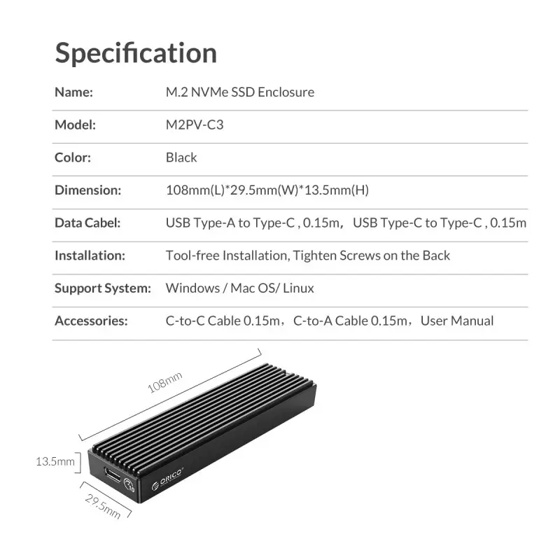 ภาพสินค้าคลังสินค้ากรุงเทพORICO M2PV-C3 Type-C M.2 NVME SSD Mobile Enclosure อลูมิเนียมอัลลอยด์ USB3.1 5 / 10Gbps External Solid State Drive Box Case สำหรับ 2230 2242 2260 2280 เข้ากันได้กับ Windows / Mac OS / Linux จากร้าน Homelive 1584427509 บน Lazada ภาพที่ 8