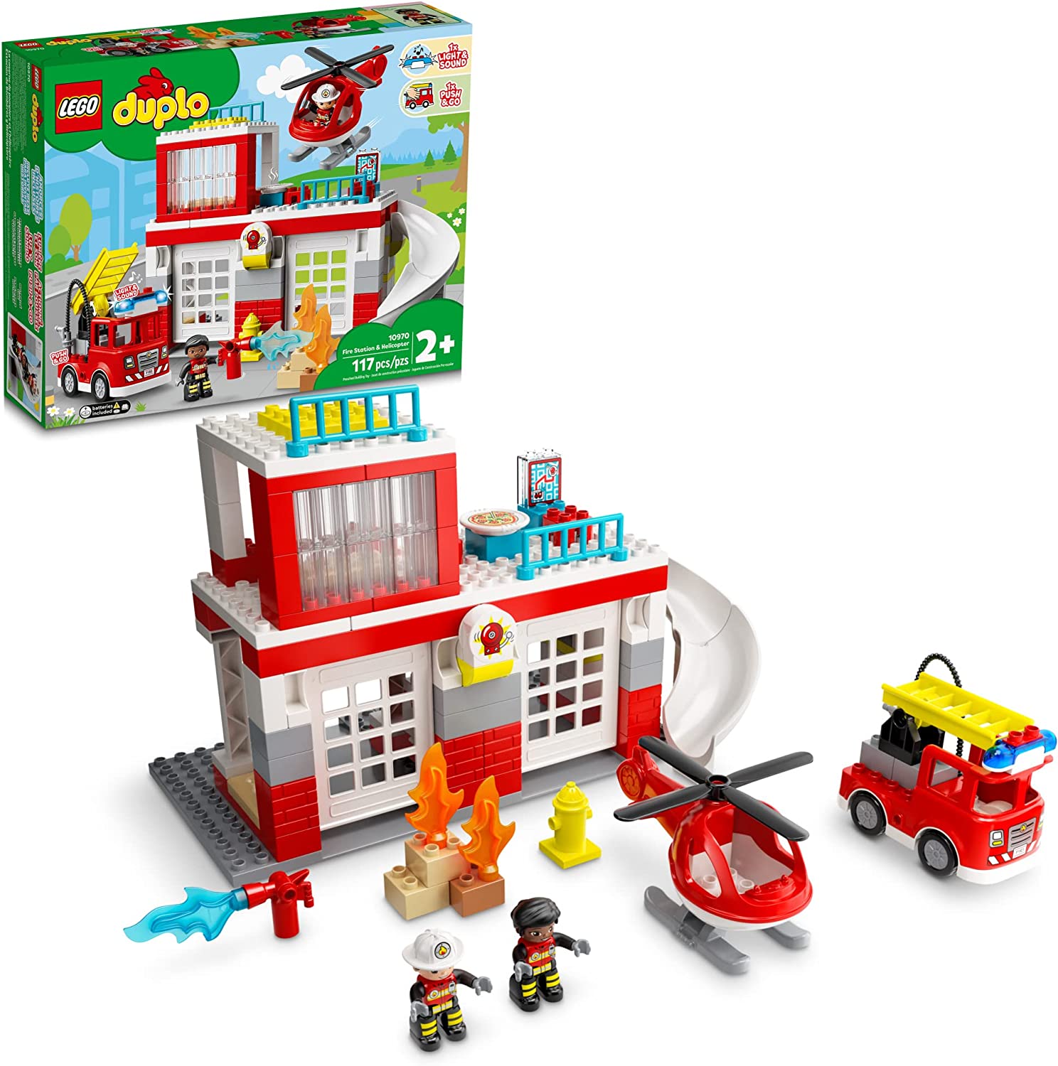 Lego duplo fire station & helicopter playset 10970, with push & go truck toy for toddlers, boys and girls 2 plus years old, large bricks educational learning toys
