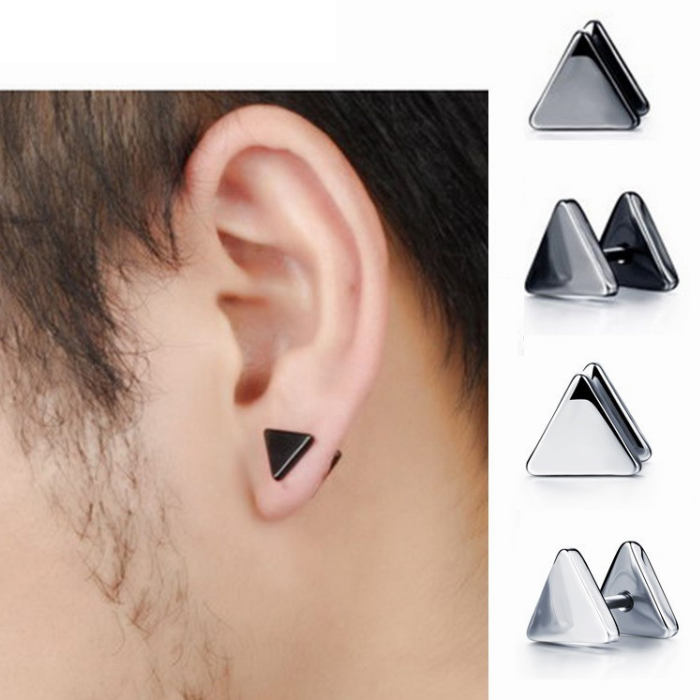 ต่างหู ตุ้มหู จิว ต่างหูผู้ชาย ต่างหูผู้หญิงStainless Steel Geometric Triangle Stud Earring Man Male Punk Rock Ear Jewelry  - 1 ข้าง