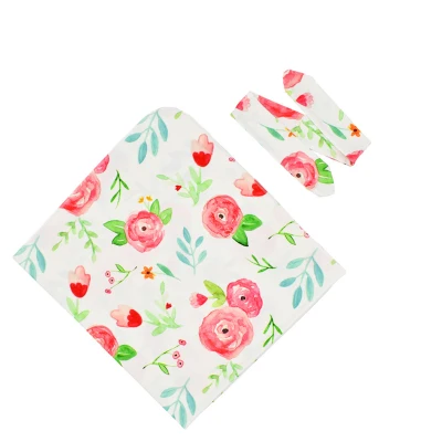 2Pcs/Set Infant Receiving Blanket Floral Print Photography Prop Warm Newborn Swaddle Blanket Headband Set for Infant Accessories