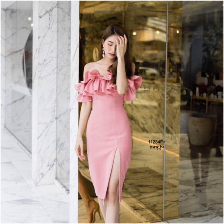 Chompoo Fashion ชุดเดรส เดรสปาดไหล่ระบายผ่าหน้า สีชมพูปูน – No Brand – 2228086200_TH-7457101998 >>> 🇹🇭 Top1Thailand 🛒 >>> lazada.co.th 🇹🇭 🇹🇭 🇹🇭🛒🛍🛒