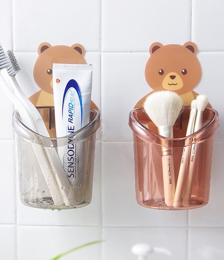 Chipatha item Shop ที่วางแปรงสีฟัน ที่วางยาสีฟันรูปหมีน้อย ชั้นวางของในห้องน้ำติดผนัง กล่องเก็บอุปกรณ์อาบน้ำ อุปกรณ์เก็บแปรงสีฟัน i0018