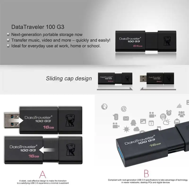 ภาพสินค้าKingston 16GB/32GB/64GB DataTraveler 100G3 Flash Drive USB 3.0 ความเร็วสูงสุด 100 MB/s รับประกันการใช้งาน  รับประกันห้าปีพร้อมบริการทางเทคนิคฟรี จากร้าน T-BangKok Thailand บน Lazada ภาพที่ 5