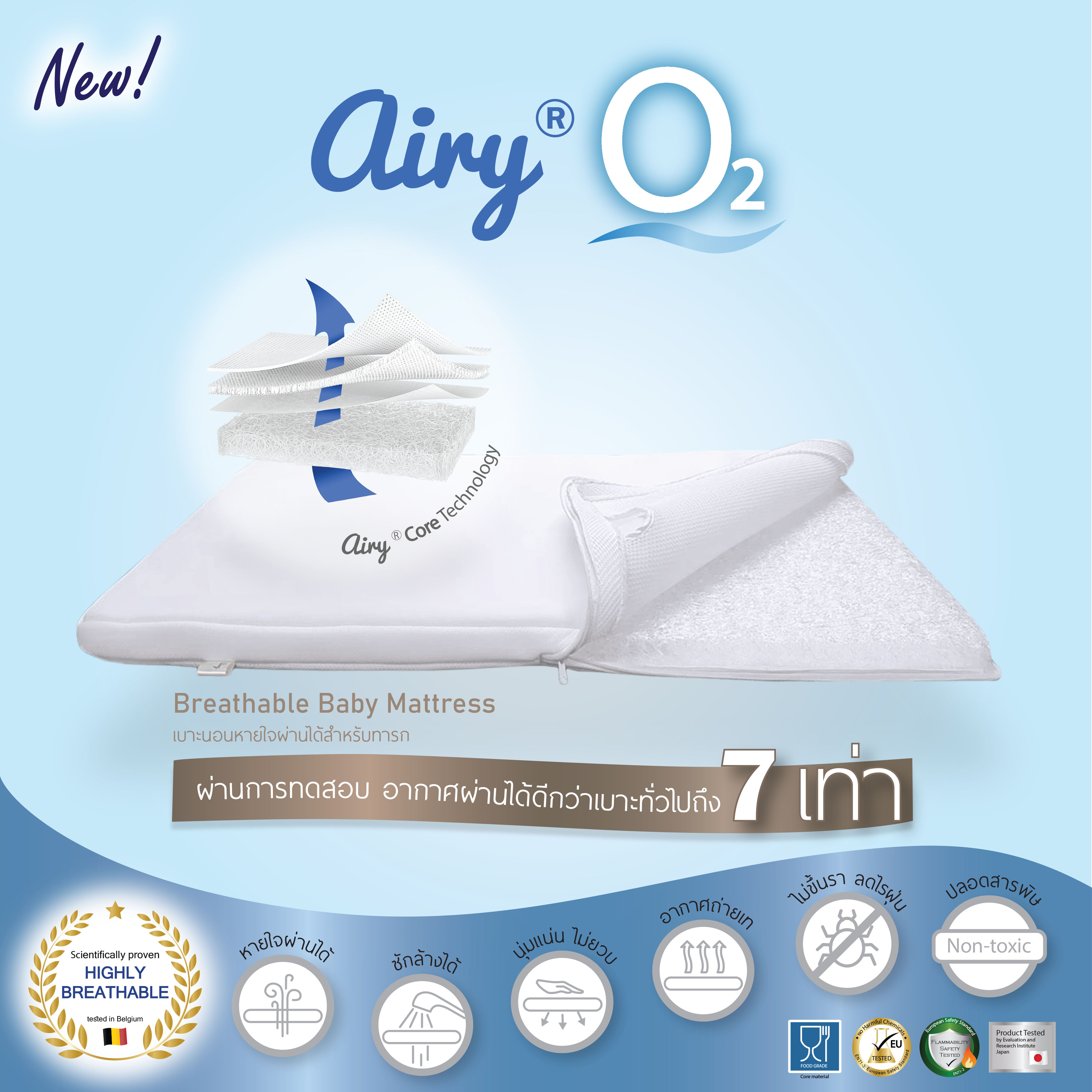 AIRY (แอร์รี่) Baby Breathable Mattress เบาะนอนแอร์รี่ รุ่น O2 (โอทู) ที่ถูกพัฒนาขึ้น เพื่อให้หายใจผ่านได้และระบายอากาศได้ดีกว่าเดิม