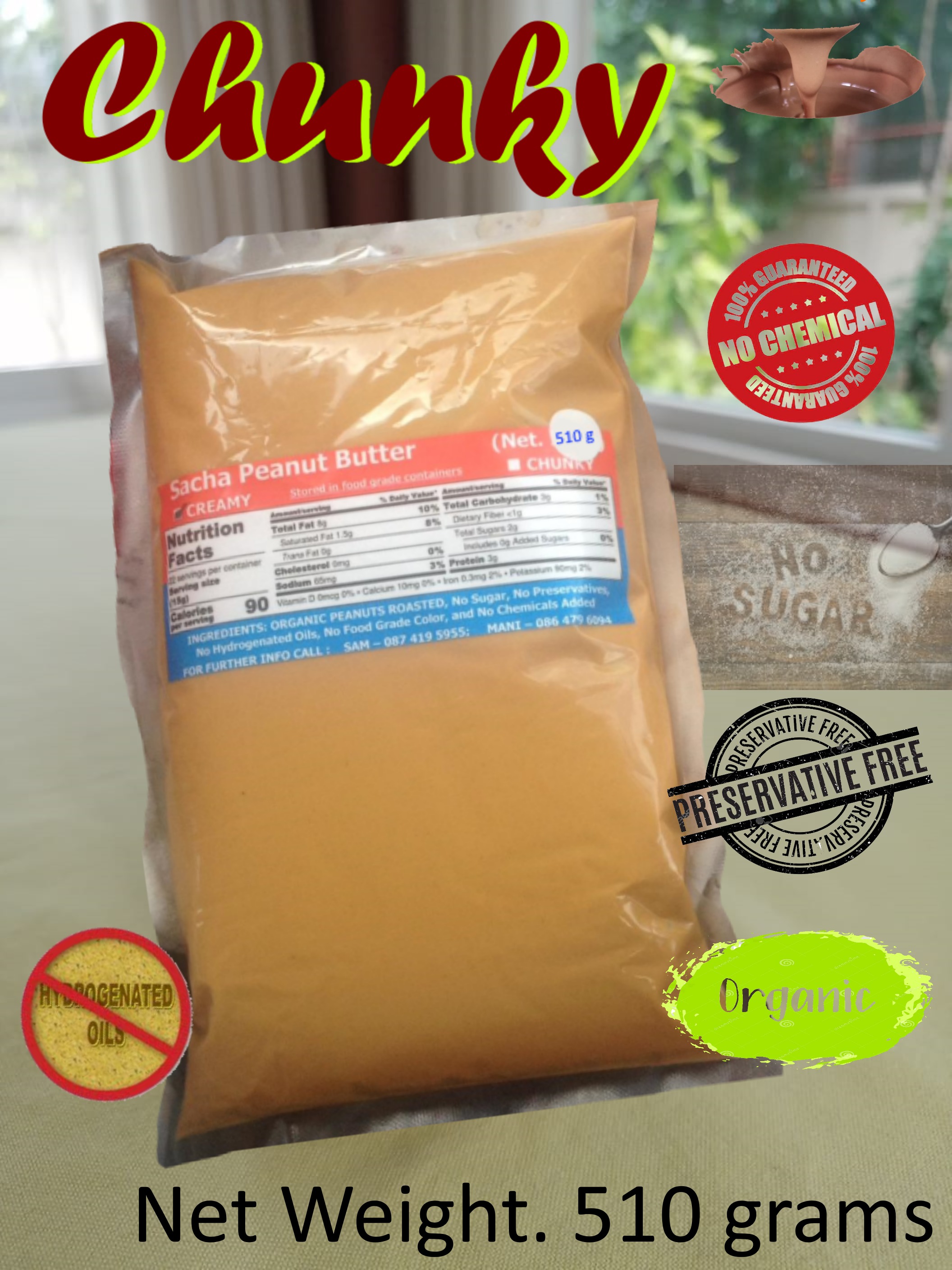 Sacha Peanut Butter (Chunky) All Natural Organic (510 grams) - Free Delivery, ซาช่า-เนยถั่ว (ส่งฟรี)