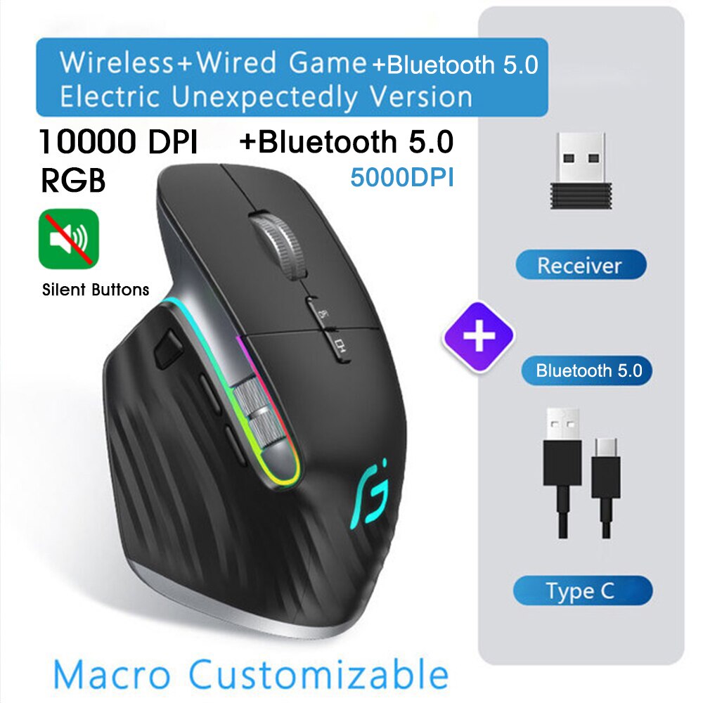 10000Dpi Wireless Gaming Mouse 2.4G Bluetooth Rechargeable Colorful Lights Ergonomic Office For PC Laptop