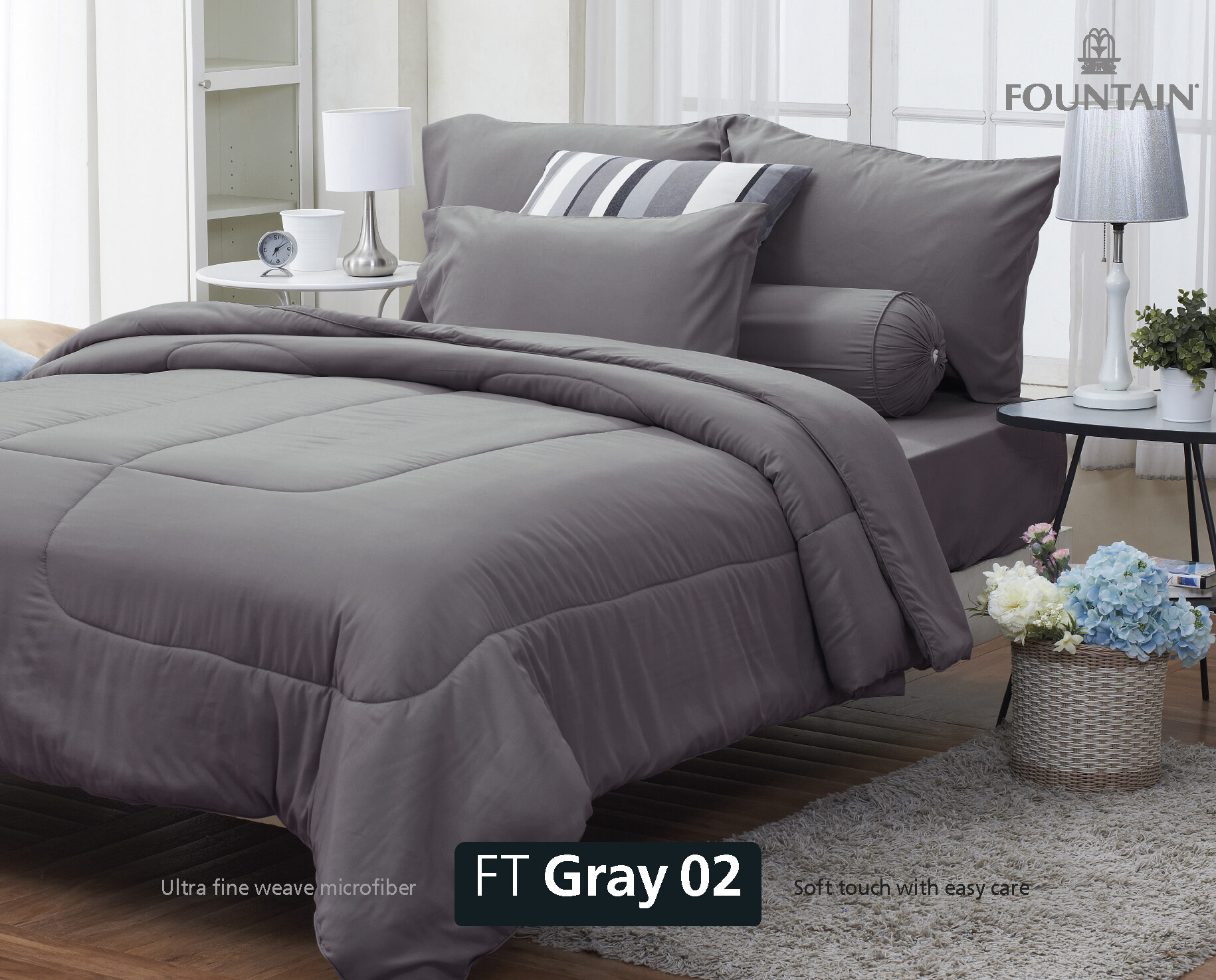 FOUNTAIN ผ้านวม + ชุดผ้าปู ผ้าปู ที่นอน แท้ 100% FTC สีพื้น เขียว Green Gray เทา ขนาด 3.5 5 6ฟุต ชุดเครื่องนอน ผ้านวม ผ้าปูที่นอน wonderful bedding  สี → Gray3ขนาดสินค้า 3.5 ฟุต