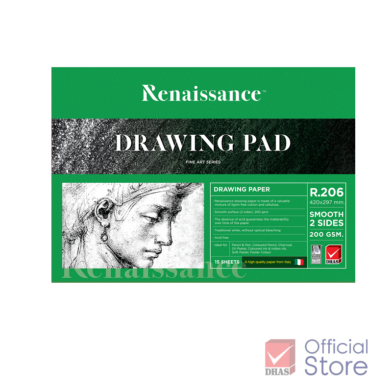 Renaissance สมุดวาดรูป กระดาษวาดเขียน Pad เรียบ R-206 A3 15S 200G 420x297 mm. จำนวน 1 เล่ม