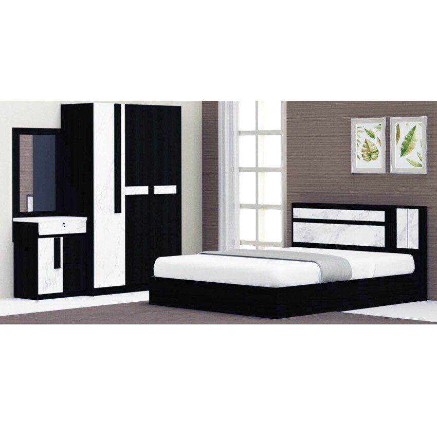 RF Furniture ชุดห้องนอน 6ฟุต รุ่นสวอน เตียง 6ฟุต +ตู้เสื้อผ้า 120 ซม.+โต๊ะแป้ง 60 ซม.+ที่นอนสปริง 6ฟุต สีโอ๊คลายหิน BEDROOM SET