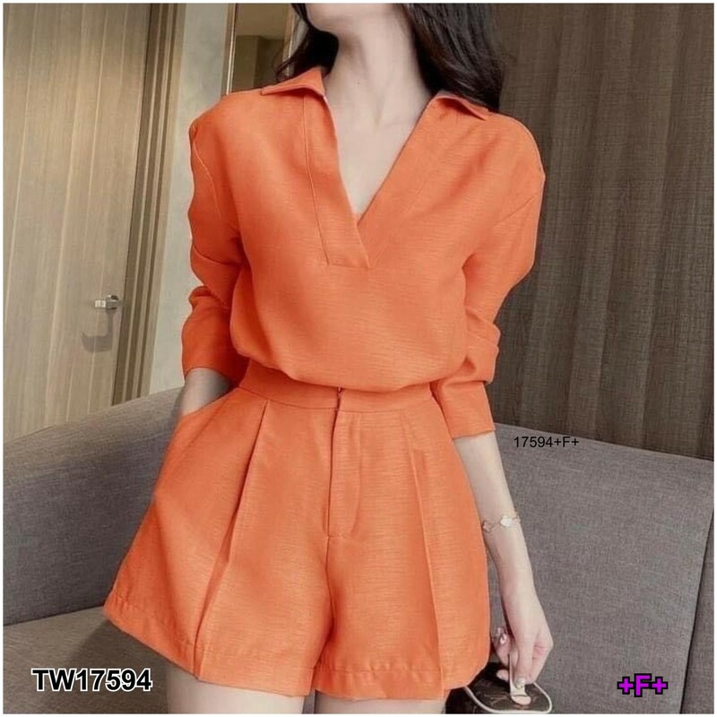 Garden Clothes ชุดเซ็ท SET 2 ชิ้น เสื้อคอปกแขนยาว + กางเกงขาสั้น สีส้ม