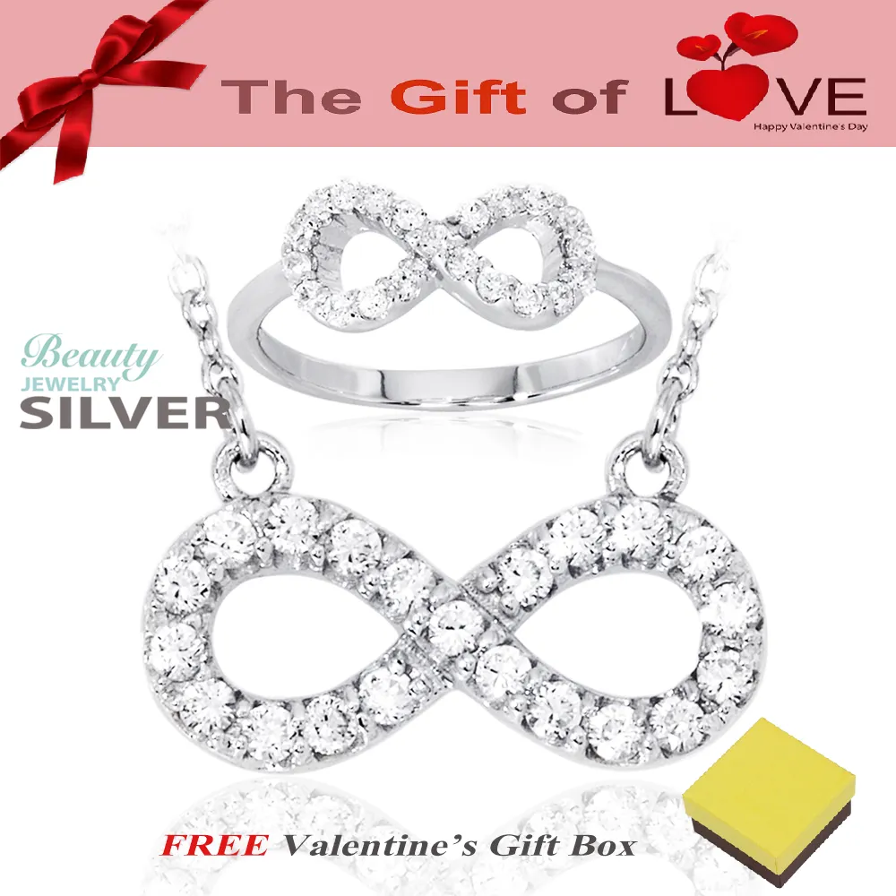 Beauty Jewelry เครื่องประดับผู้หญิง ชุดเซ็ตสร้อย + แหวน อินฟินิิตี้ INFINITY LUXURIOUS for Valentine's วาเลนไทน์ เงินแท้ 925 Sterling Silver ประดับเพชรสวิส CZ รุ่น SS2063-RR เคลือบทองคำขาว (สร้อยปรับความยาวได้ 16 หรือ 18 นิ้ว)