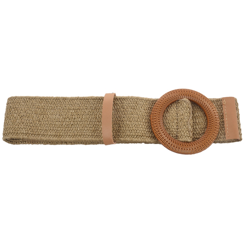 Straw Wide Belt Female Woven Vintage Round Wooden Buckle Decorative Dress Shirt Belt