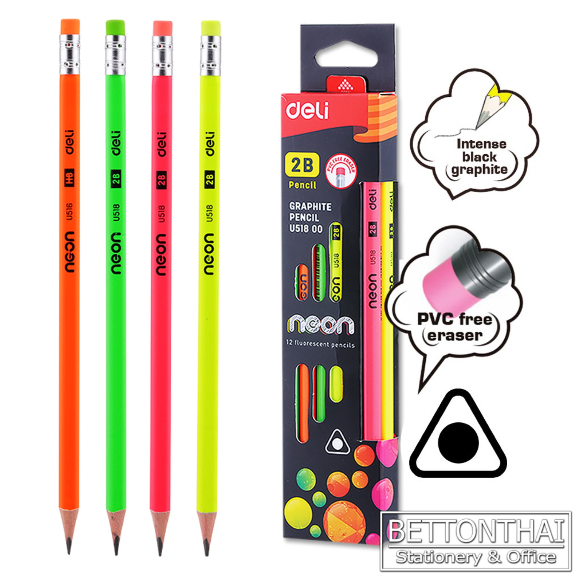 Graphite Pencil ดินสอไม้ 2B ทรง 3 เหลี่ยม สีสันสดใสโดนเด่นด้วยสีนีออน แพค 12 แท่ง ดินสอนักเรียน ดินสอสีสดใส ดินสอ เครื่องเขียน อุปกรณ์การเรียน ยี่ห้อ Deli U51800 school