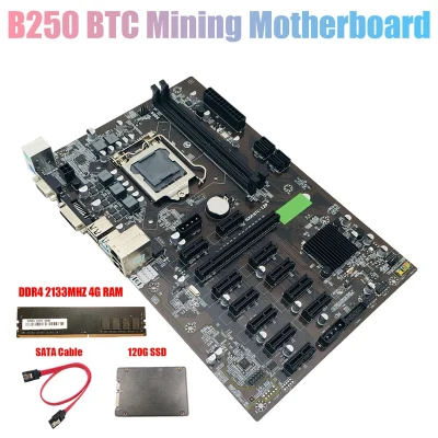 B250 BTC Mining Motherboard with DDR4 4GB 2133Mhz RAM+120G SSD+Cable LGA 1151 12XGraphics Card Slot for BTC Miner