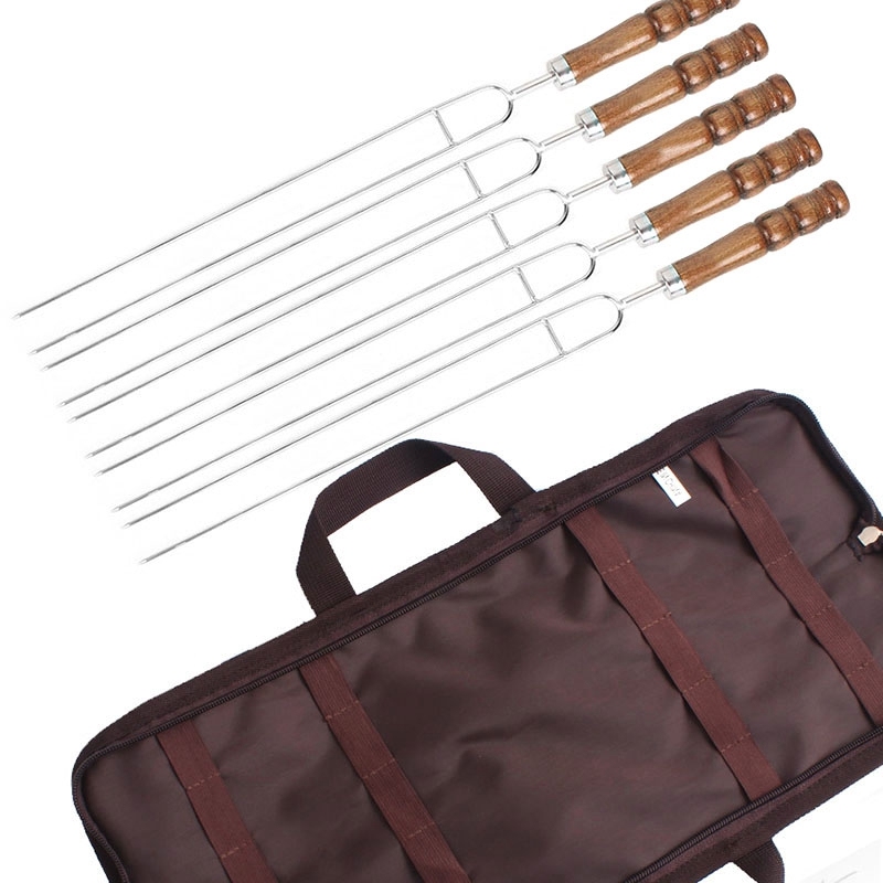 Outdoor Home Kitchen BBQ Grilled Stainless Steel Grilled Wood Handle U-Baked Pin Picnic BBQ Meat Fork 5 Piece Set
