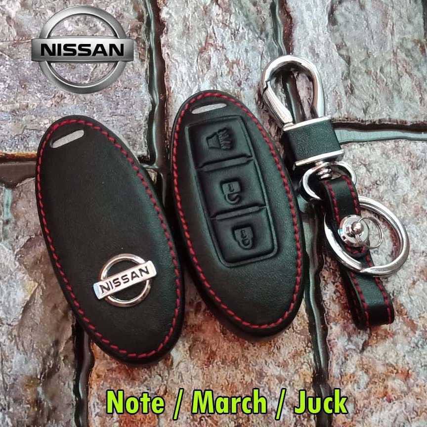 ซองหนังแท้ ใส่รีโมทรถยนต์ ซองกุญแจหนังสีดำ NISSAN รุ่น Note / March / Juck (3ปุ่ม)