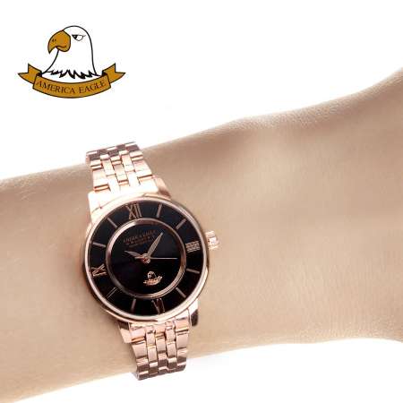 AMERICA EAGLE นาฬิกาข้อมือผู้หญิง สายสแตนเลส รุ่น AE078L - Pink Gold / Black