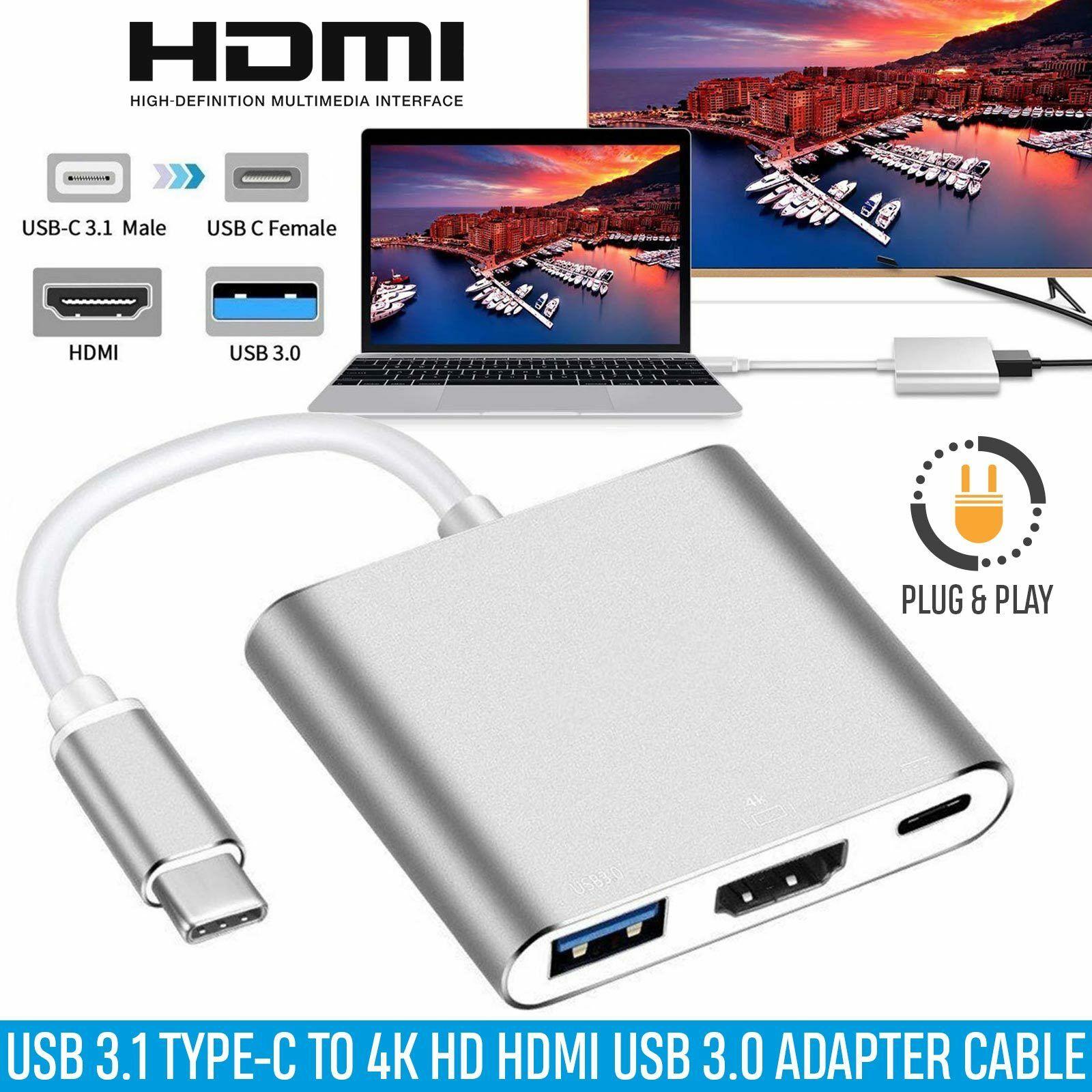 USB C To HDMI Adapter, Type C To HDMI 4K USB 3.0 USB-C Converter USB 3.0 Charging Port Cable For 2017/2016 MacBook Pro