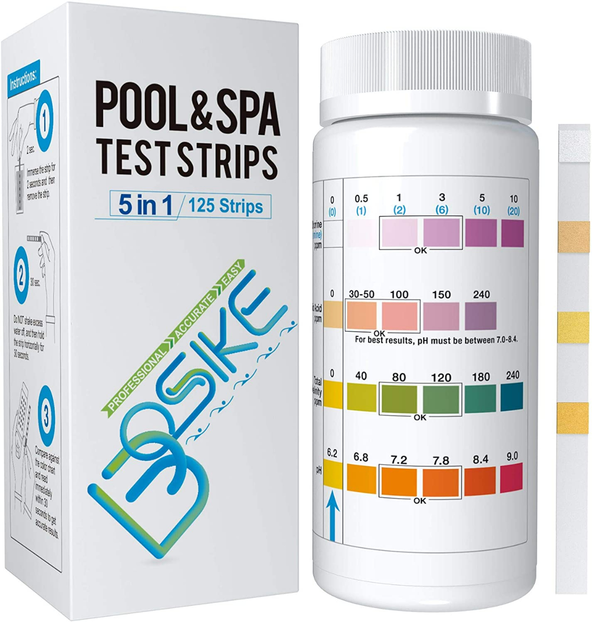 BOSIKE Pool and Hot Tub Test Strips, 125 Strips Swimming Pool Water Test Kit for Spa, Accurate
