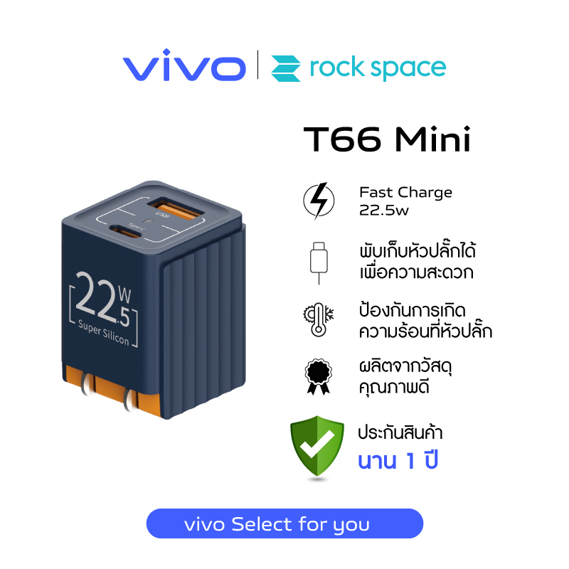 [rock space] T66 Mini Dual port folding super Silicon PD22.5W Trarger | หัวชาร์จโทรศัพท์ Type C & USB A | รองรับระบบ Fast Charge