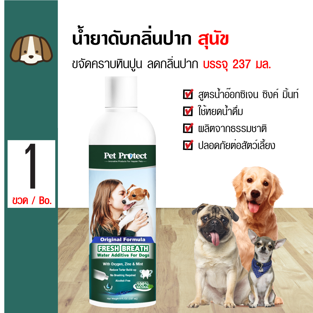 Pet Protect Dog Original น้ำยาดับกลิ่นปากสุนัข ใช้ผสมน้ำดื่ม ลดคราบหินปูน ลดกลิ่นปาก สำหรับสุนัขทุกสายพันธุ์ (237 มล./ขวด)
