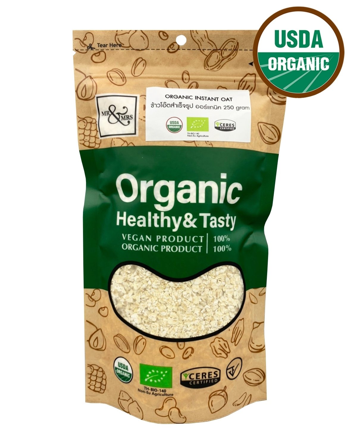 Mr. & Mrs. ข้าวโอ๊ตสำเร็จรูป ออร์แกนิค Organic Instant Oatmeal (250 gm)