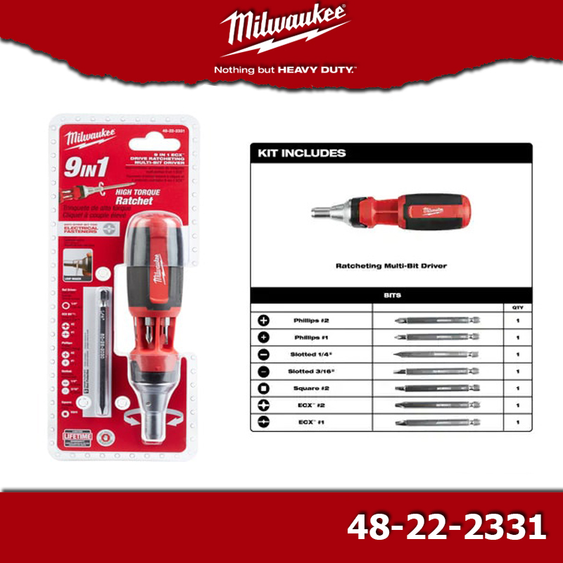 Milwaukee 48-22-2331 ไขควง ฟรีได้ (ซ้าย-ขวา) 9 IN 1 DRIVE RATCHETING MULTI-BIT DRIVER