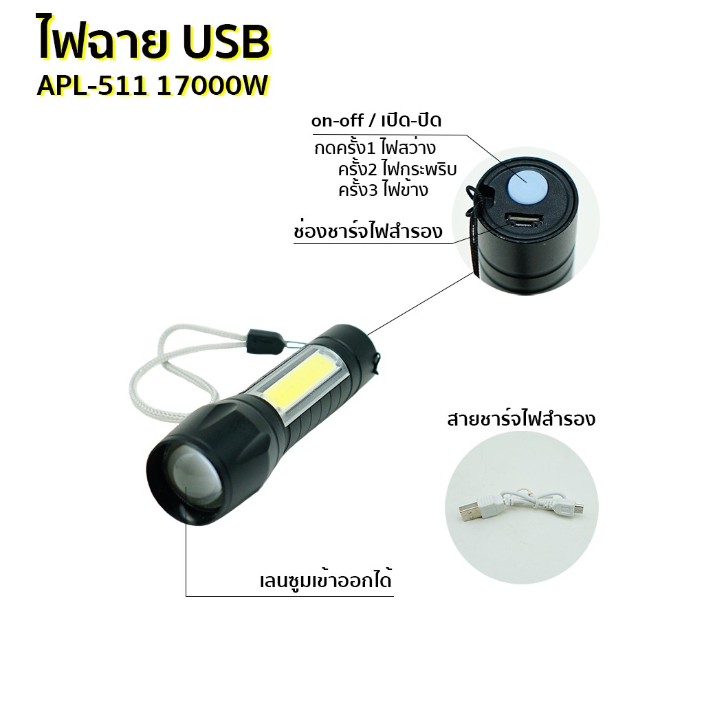 Barton ไฟฉายแรงสูง ปรับได้ 4แบบ ซูมได้ ไฟด้านข้างCOB ชาร์จไฟUSB ไฟฉายUSB ไฟฉายชาร์จไฟ ไฟฉาย led ไฟฉายซูมได้ Flashlight APL535