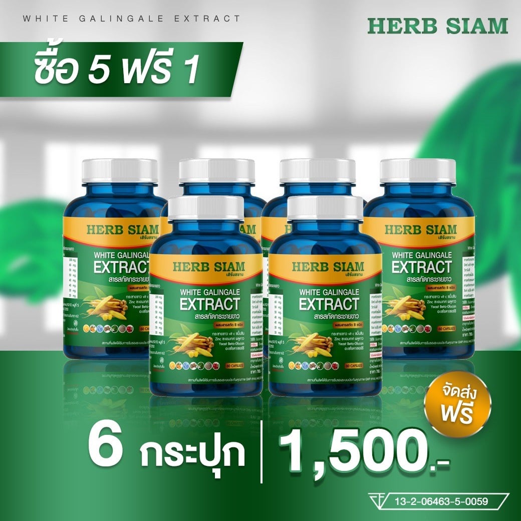 HERB SIAM WHITE GALINGALE EXTRACT กระชายขาว กระชายขาวแคปซูล กระชายขาวสกัด กระชายขาวสกัดแคปซูล 60 แคปซูล 6 กระปุก